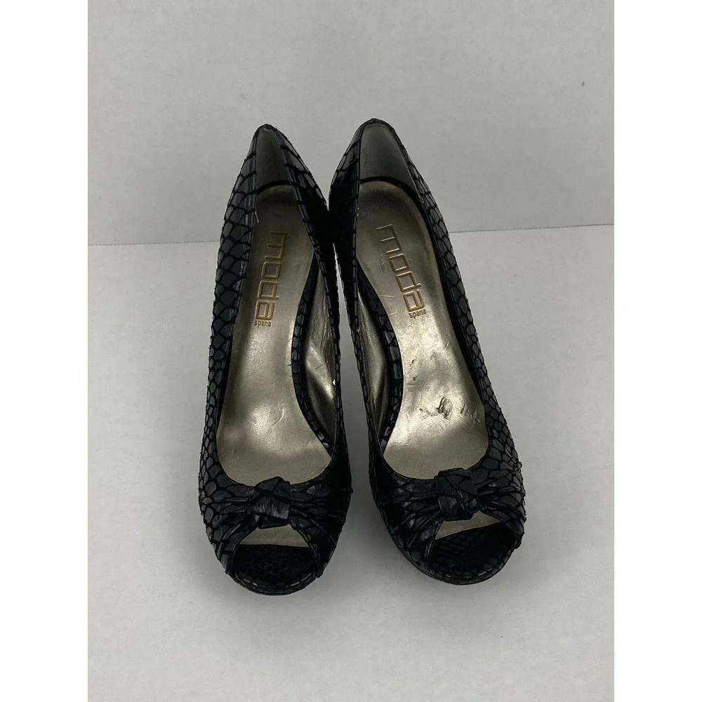 Moda Spana Black Snakeskin Embossed Peep Toe Platform Pumps Heels 7.5M